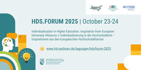 Grafik zum HDS.FORUM 2025 am 23.–24. Oktober. Titel: „Individualisierung in der Hochschullehre – Inspirationen aus den Europäischen Hochschulallianzen“. Links bunte abstrakte Illustrationen eines Kopfes mit geometrischen Elementen, darüber eine Glühbirne.