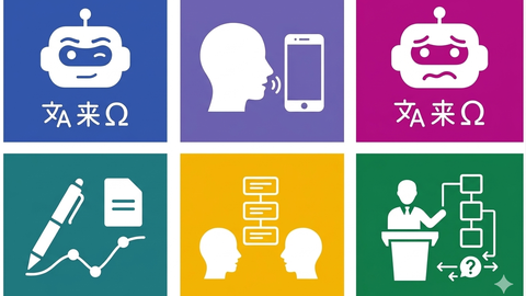 Overview with six colorful illustrations on using AI for language learning, writing, discussions, and presentations.