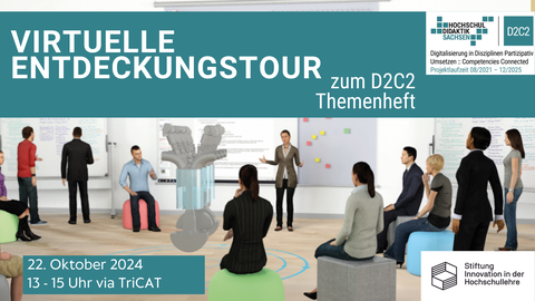 Ein Werbebanner für eine virtuelle Veranstaltung am 22. Oktober 2024 zum Themenheft des D2C2-Projekts "Digitalisierung in Disziplinen Partizipativ Umsetzen". Das Bild zeigt eine virtuelle Umgebung, in der eine Gruppe von Menschen sitzt und einem Vortrag zuhört, während eine technische 3D-Darstellung eines Motors gezeigt wird.