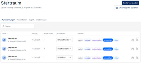 Screenshot: 3 Aufzeichnungen, je eine in der Sichtbarkeit unveröffentlicht, veröffentlicht, öffentlich