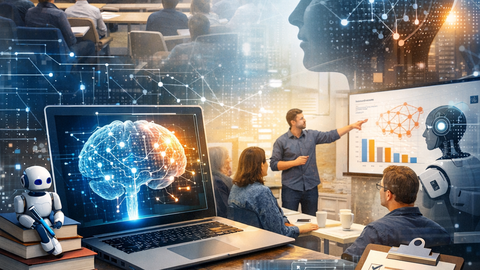 A modern training or seminar setting where people listen to a presentation about artificial intelligence. 