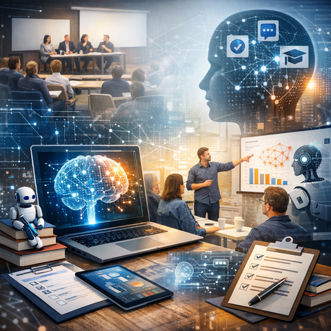A modern training or seminar setting where people listen to a presentation about artificial intelligence. 