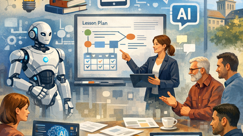 Illustration einer Lehrwerkstatt: Lehrende arbeiten gemeinsam an einem Tisch und online an der Planung einer Lehrveranstaltung mit Künstlicher Intelligenz. Auf einem Bildschirm ist ein „Lesson Plan“ dargestellt, daneben steht ein humanoider Roboter.