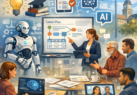 Illustration einer Lehrwerkstatt: Lehrende arbeiten gemeinsam an einem Tisch und online an der Planung einer Lehrveranstaltung mit Künstlicher Intelligenz. Auf einem Bildschirm ist ein „Lesson Plan“ dargestellt, daneben steht ein humanoider Roboter.