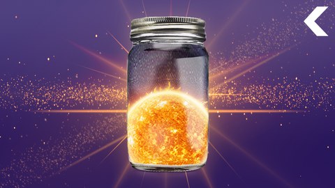Ein Einmachglas mit einer leuchtenden Sonne im Inneren vor einem violetten Hintergrund mit funkelnden Lichteffekten.