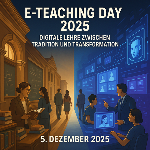 Menschen arbeiten in einer Bibliothek auf der linken Seite und mehrere Personen arbeiten mit Computern auf der rechten Bildseite. 