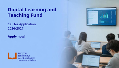 Digital banner for the call for proposals “Digital Learning and Teaching Fund 2026/2027.” On the right, students are working on laptops in a seminar room; statistical graphs are visible on a screen. On the left are the text “Digital Learning and Teaching 