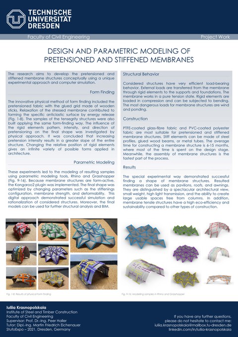 Das Poster stellt die Forschungsarbeit zum Thema DESIGN AND PARAMETRIC MODELING OF PRETENSIONED AND STIFFENED MEMBRANES vor. 