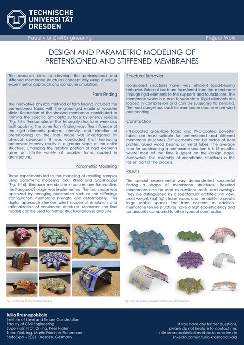 The poster presents the research work on DESIGN AND PARAMETRIC MODELING OF PRETENSIONED AND STIFFENED MEMBRANES. 