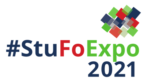 Logo der StuFoExpo 2021: Schriftzug "#StuFoExpo 2021" darüber ein Ensemble aus überlappenden schrägen Rechtecken in den Farben grün, rot und blau