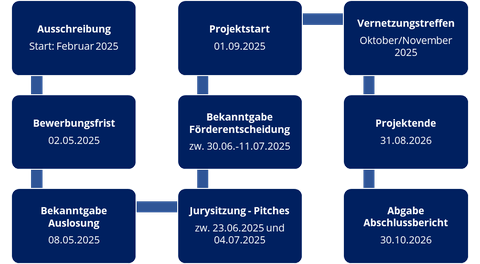 Zeigt Ablauf der Ausschreibung: Wichtigste Daten: Einreichungsfrist 02.05.2025, Projektstart 01.09.2025, Projektende 31.08.2026