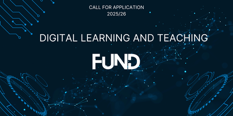 Digital banner with a dark blue background, glowing network lines, and circular elements. Central white text: "Fund Digital Learning and Teaching," above it "Call for Applications 2025/26." Futuristic design emphasizes the digital theme.