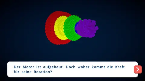 Dreidimensionale Darstellung eines bakteriellen Flagellenmotors mit roten, gelben, grünen, blauen und violetten Proteinstrukturen vor dunkelblauem Hintergrund. Darunter steht die Frage: „Der Motor ist aufgebaut. Doch woher kommt die Kraft für seine Rotation?“