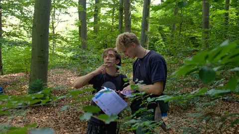 Two young men stand in a green forest, looking at a sheet of paper together. One gazes thoughtfully upward while the other looks down at the paper. Branches and leaves frame the scene in the foreground.