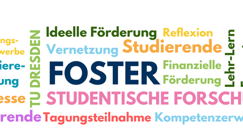 The image shows a sequence of different words in the form of a word cloud. Among others, the words FOSTER, teachers, students and student research can be read.