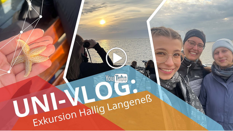 Preview image of the university vlog “Excursion to Hallig Langeneß”: Three students smiling at the camera with the sea and sunset in the background. On the left, a starfish held in a hand.