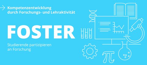 Himmelblaues Banner mit weißen Symbolen: DNA-Strang, Mikroskop, geöffnetes Buch, Bildschirm mit Diagramm, drei Reagenzgläser, Zahnrad, Pi-Zeichen, Chemie-Erlenmeyerkolben. Text links: „Kompetenzentwicklung durch Forschungs- und Lehraktivität. 