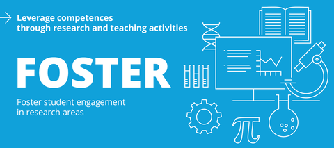 Sky-blue banner with white icons: DNA strand, microscope, open book, screen with chart, three test tubes, gear, pi symbol, chemistry flask. Text on the left: “Competence development through research and teaching activity. 