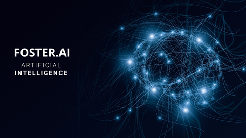 Visualisierung eines neuronalen Netzwerks in Form eines leuchtenden Gehirns auf dunklem Hintergrund. Links im Bild steht der Schriftzug „FOSTER.AI – Artificial Intelligence“.