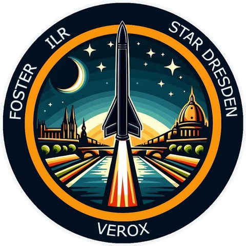 Ein rundes schwarzes Logo, im Hintergrund ist die Silhouette einer Stadt zusehen und davor startet eine Rakete. 