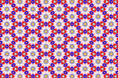 This image displays a repeating pattern of red, blue, and gray elements on a white background. The elements are symmetrically arranged and appear connected at the nodes of a grid, with golden circles serving as the nodes. The red and blue patterned areas resemble flower or propeller shapes and alternate across the design.