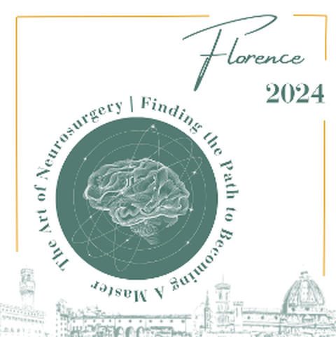Logo der Veranstaltung „The Art of Neurosurgery – Finding the Path to Become a Master“, Florence 2024. In der Mitte ein stilisiertes Gehirn vor einem Atommodell, darunter die Silhouette von Florenz mit Dom und historischen Gebäuden.