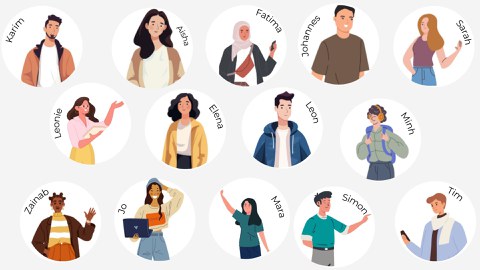 Übersicht von verschiedenen illustrierten Personen mit dazugehörigen Namen