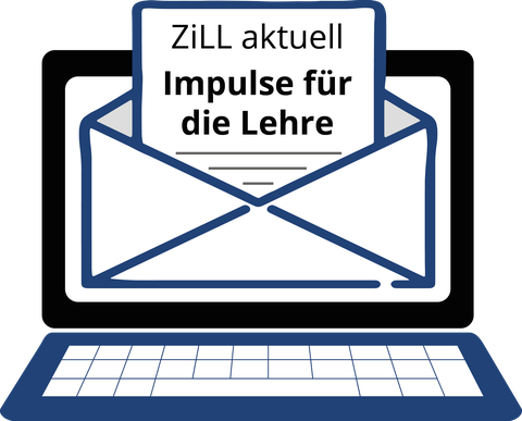 Auf dem Bildschirm eines aufgeklappten Laptops erscheint ein Brief, auf dem ZiLL aktuell: Impulse für die Lehre" geschrieben steht.