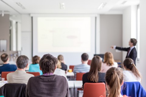 Das Foto zeigt eine Seminargruppe, die dem Vortrag eines Dozenten zuhört.