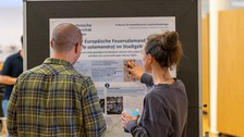 Zwei Personen stehen vor einem Poster. Die Frau erklärt etwas und zeigt auf ein Bild.