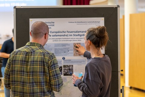 Zwei Personen stehen vor einem Poster. Die Frau erklärt etwas und zeigt auf ein Bild.