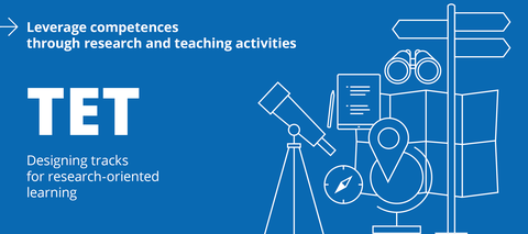 Blue banner with white icons: telescope, compass, location marker, map, binoculars, signpost, notepad with pen. Text on the left: “Competence development through research and teaching activity. TET – Teachers develop teaching-learning paths.”