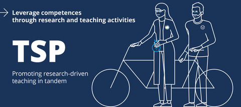 Dark blue banner with white icons: two people and a tandem bicycle. Text on the left: “Competence development through research and teaching activity. TSP. Researchers shape teaching in tandem.”