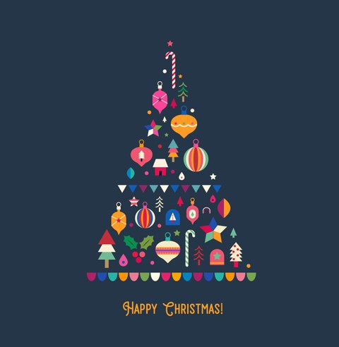 Eine stilisierte, minimalistische Weihnachtsbaum-Grafik auf dunkelblauem Hintergrund. Der Baum ist aus bunten Ornamenten, kleinen Häusern, Sternen, Bonbons und anderen festlichen Elementen zusammengesetzt. Darunter steht der Text „Happy Christmas!“ in ver