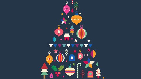 Eine stilisierte, minimalistische Weihnachtsbaum-Grafik auf dunkelblauem Hintergrund. Der Baum ist aus bunten Ornamenten, kleinen Häusern, Sternen, Bonbons und anderen festlichen Elementen zusammengesetzt. Darunter steht der Text „Happy Christmas!“ in ver