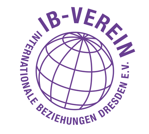 Logo des IB-Vereins: violetter Globus mit Schrift: Internationale Beziehungen Dresden e.V.