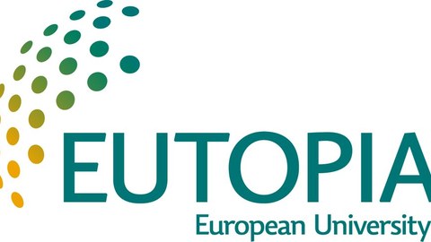Schriftzug "Eutopia - European University" und Grafik bestehend aus farbigen Punkten 