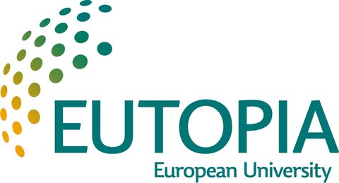 Schriftzug "Eutopia - European University" und Grafik bestehend aus farbigen Punkten 