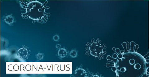 Illustration mehrerer Viren vor blauem Hintergrund. In der linken unteren Ecke befindet sich ein Textfeld mit der Aufschrift: "Corona-Virus"