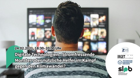 Ein junger Mann wird von hinten gezeigt, wie er vor einem Bildschirm sitzt, auf dem verschwommen die Seite eines Streaming-Dienstes angezeigt wird.