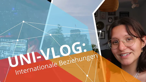 Thumbnail. Rechts: Bild der Vloggerin Nora Lucia Grumpe, links das Corporate Design der TU Dresden mit dem Titel: Uni-Vlog Internationale Beziehungen