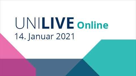 Farbiger Hintergrund mit Aufschrift: "Uni Live online, 14. Januar 2021"