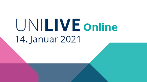 Farbiger Hintergrund mit Aufschrift: "Uni Live online, 14. Januar 2021"