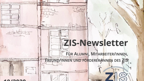 Zeichnung eines Backsteingebäudes. Im Vordergrund Schriftzug: "ZIS NEWSLETTER"