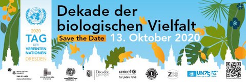 Animation der Umrisse der historischen Altstadt Dresdens, darüber exotische Blätter und Tiere. In der Mitte die Aufschrift: "Dekade der biologischen Vielfalt; Save the Date: 13.10.2020" und das Logo der UN