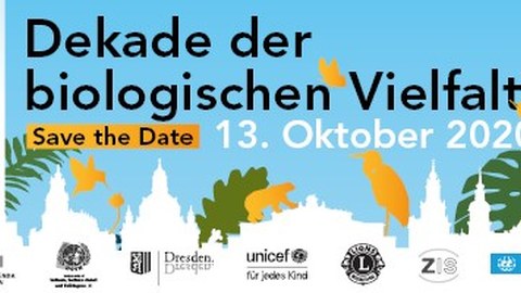 Animation der Umrisse der historischen Altstadt Dresdens, darüber exotische Blätter und Tiere. In der Mitte die Aufschrift: "Dekade der biologischen Vielfalt; Save the Date: 13.10.2020" und das Logo der UN