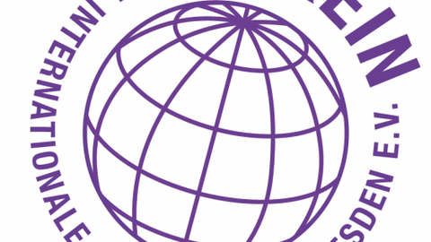 Logo des IB-Vereins: Violetter Umriss eines Globus mit Rundumschrift: IB-Verein, Internationale Beziehungen Dresden e.V.
