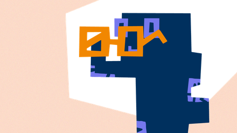 Eine blaue abstrakte Figur, die sich gerade eine orange Brille aufsetzt.