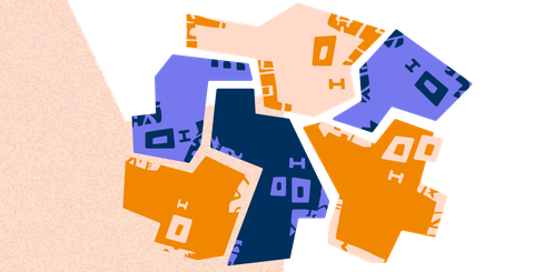 Sechs abstrakte Figuren mit jeweils unterschiedlichen Formen und Farben (gelb, orange, blau, lila) sind nah beieinander. Jede Figur ist weiterhin als Einzelfigur erkennbar und passt zugleich wie ein Puzzleteil in die Gruppe.