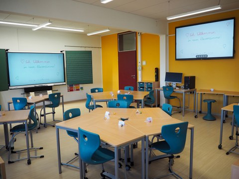 Klassenraum nach Umgestaltung mit alternativen Tischkonstellationen und multiplen Präsentationsflächen